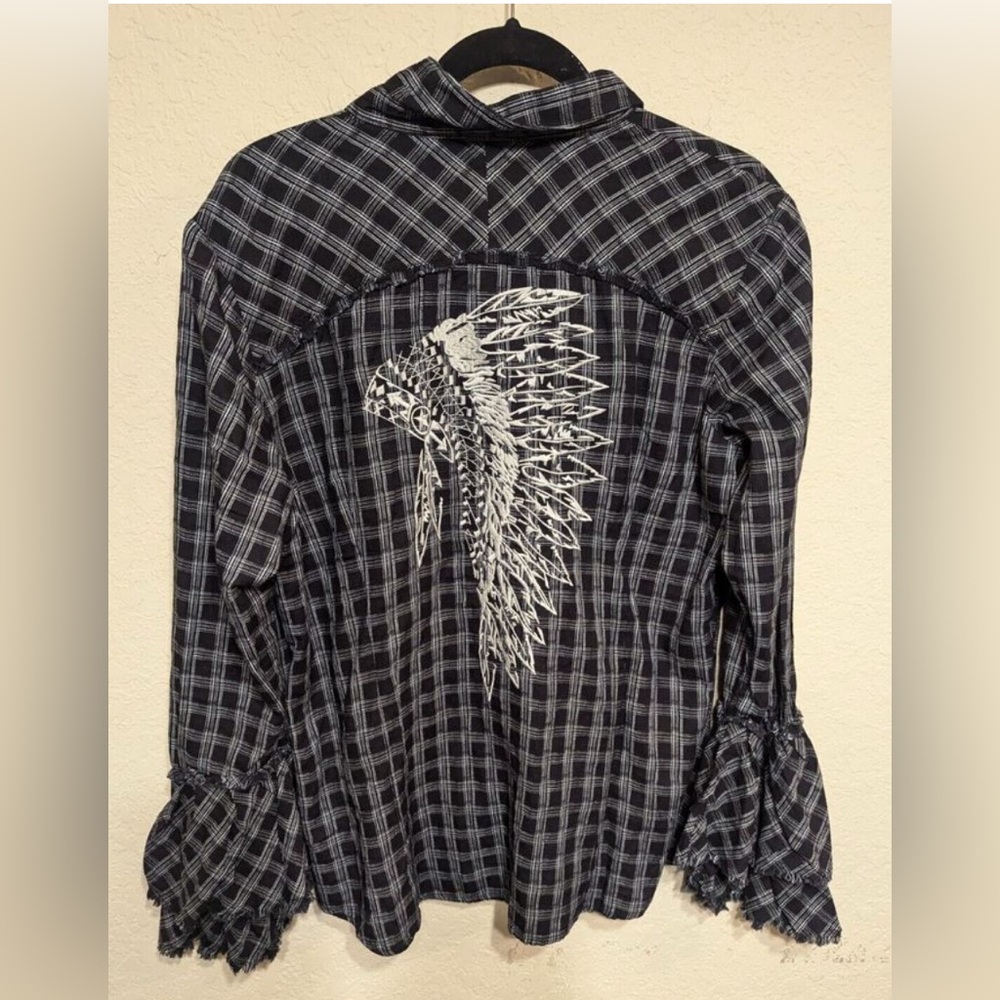 Ryan Michael Flared Ruffled Sleeves Western Embroidered Black and Gray Blouse